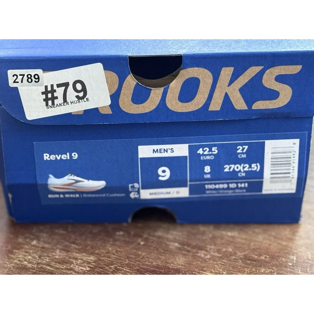 Men’s Size 9 Brooks Revel 9 White Orange Black 110499 1D 141 NIB